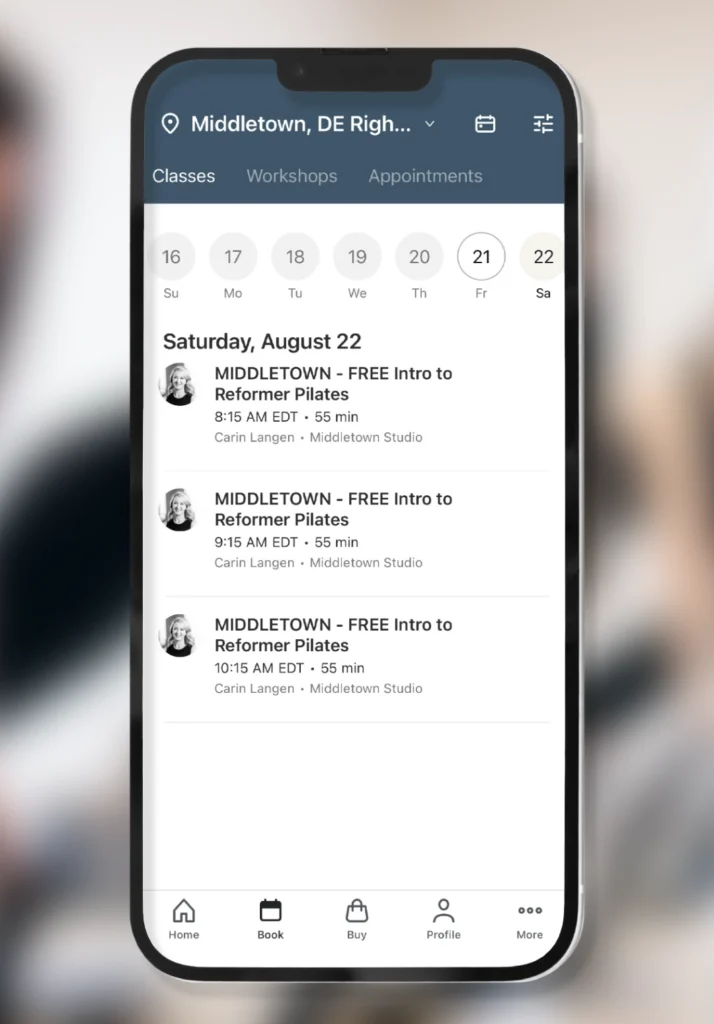 App home screen showing upcoming appointments and the class schedule